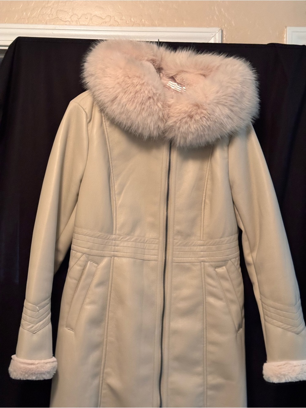 Women's Cream Faux Fur Collar Coat - Elegant Winter Jacket